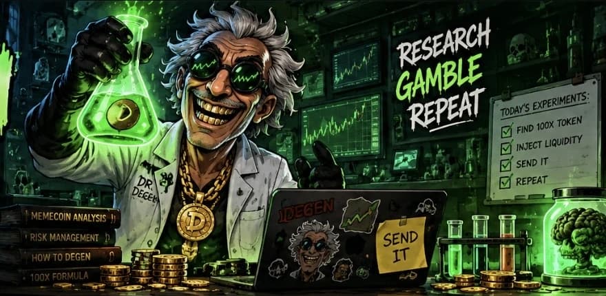Dr. Degen grinning in his underground lab, holding a glowing green flask